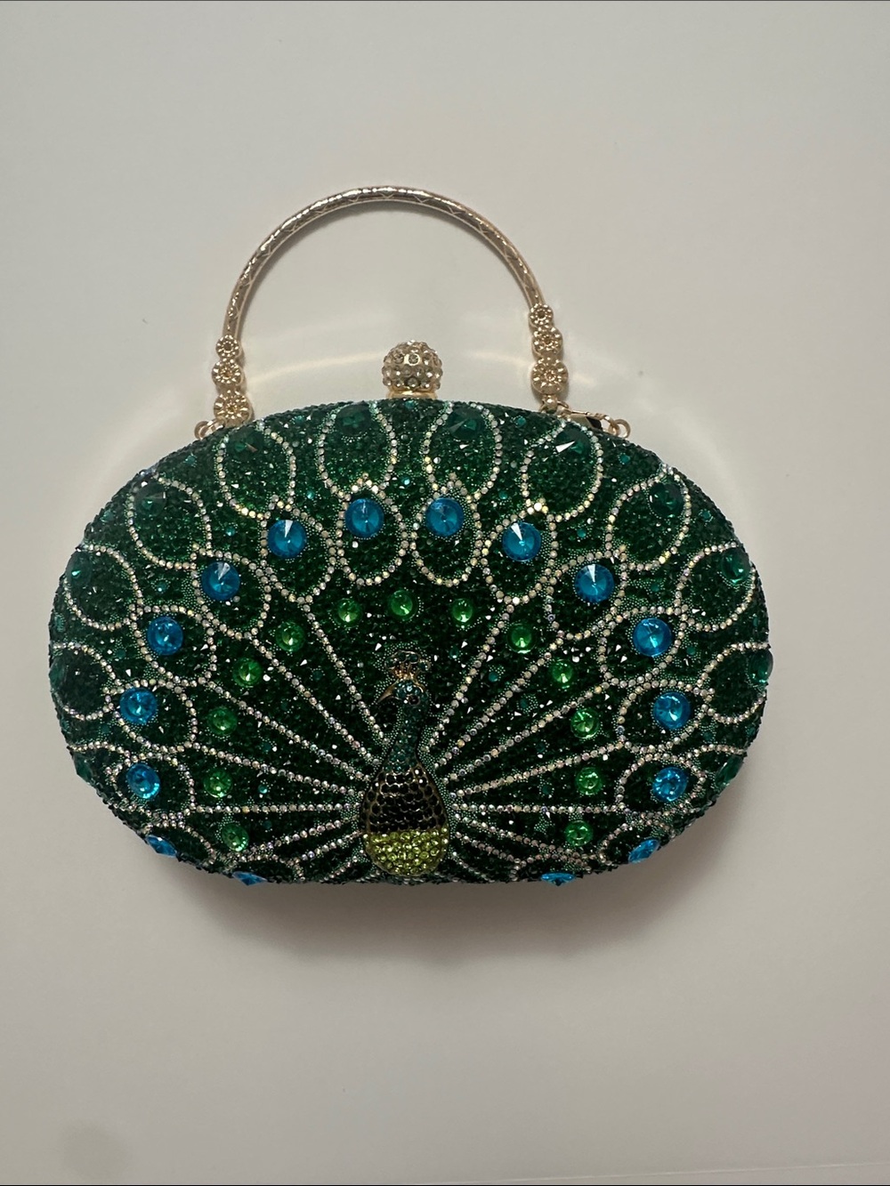 Green Peacock Crystal Evening Bag Clutch With Chain